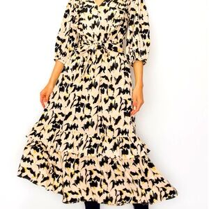 NEW Melloday Tiered Maxi Dress Taupe Black Yellow Abstract Small